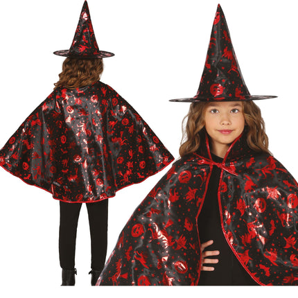 Halloween Verkleedset Zwart Rood Meisje Heks 2 delig