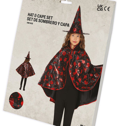 Halloween Verkleedset Zwart Rood Meisje Heks 2 delig