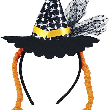 Halloween Haarband Mini Heksenhoed Oranje Vlechtjes