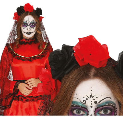 Halloween Tiara Sluier Zwart Rood