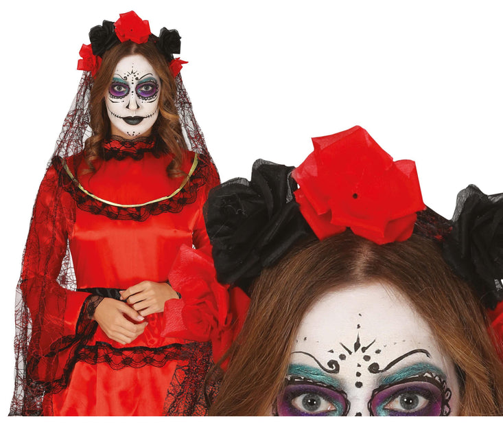 Halloween Tiara Sluier Zwart Rood