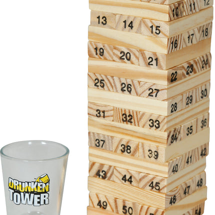 Drinking game wooden blocks & 4 shot glasses