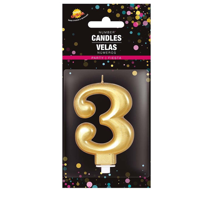 Gouden Kaars 3 Jaar Metallic 8cm