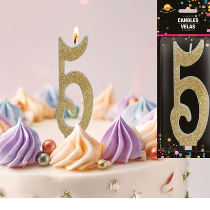 Gouden Kaars 5 Jaar Glitter 12,5cm