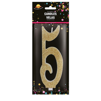 Gouden Kaars 5 Jaar Glitter 12,5cm