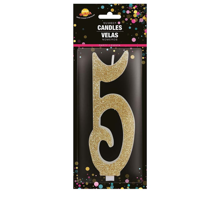 Gouden Kaars 5 Jaar Glitter 12,5cm