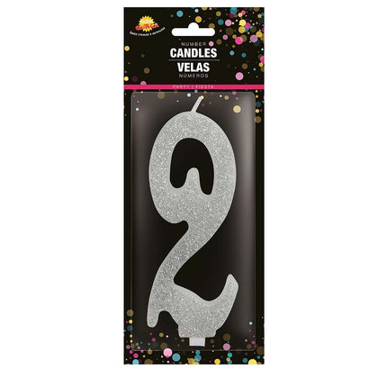 Zilveren Kaars 2 Jaar Glitter 12,5cm