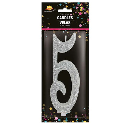 Zilveren Kaars 5 Jaar Glitter 12,5cm