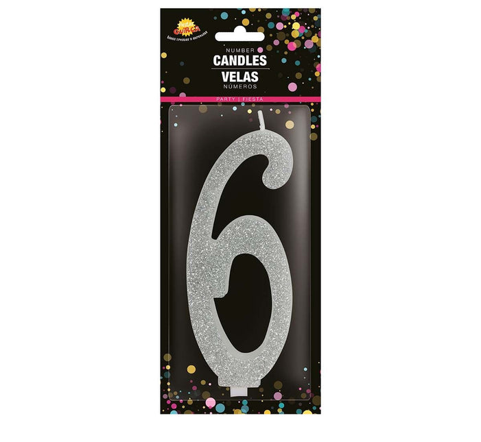 Zilveren Kaars 6 Jaar Glitter 12,5cm