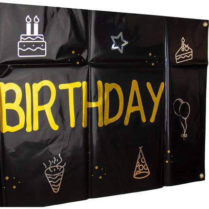 Happy Birthday Banner Zwart Goud 1,6m