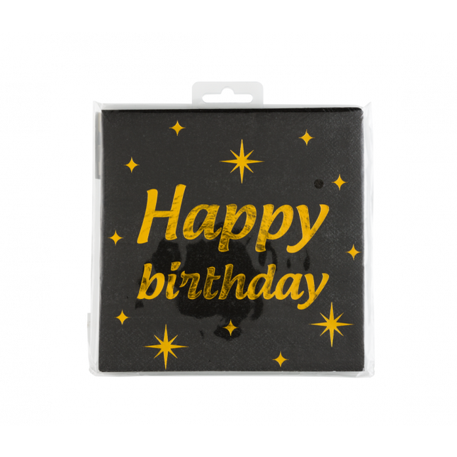 Happy Birthday Servetten Zwart Goud 19cm 16st