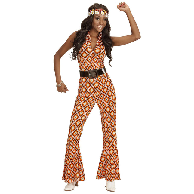 Disco 70S Jumpsuit Oranje Dames Geruit