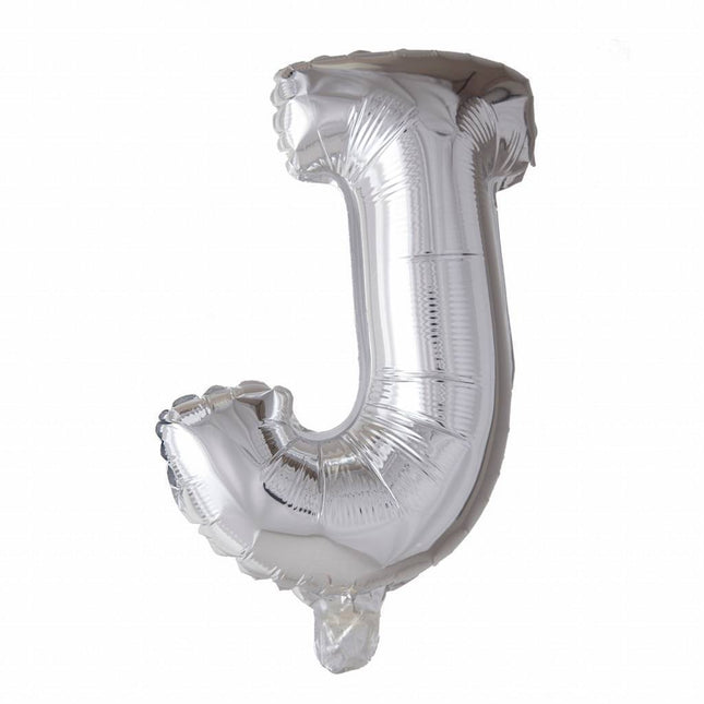 Folie Ballon Letter J Zilver 41cm met Rietje