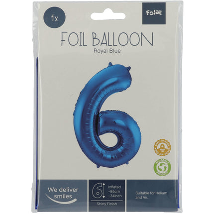 Folie Ballon Cijfer 6 Blauw Metallic XL 86cm leeg