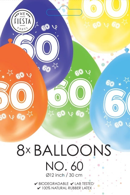 Gekleurde Ballonnen 60 Jaar 30cm 8st