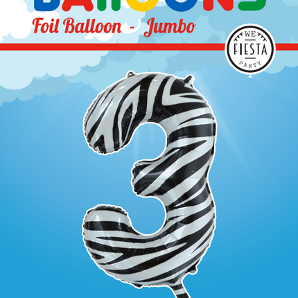 Folie Ballon Cijfer 3 Zebra XL 86cm leeg