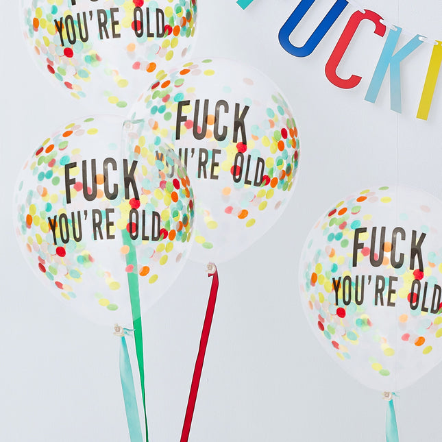 Doorzichtige Confetti Ballonnen Fuck You'Re Old 30cm 5st