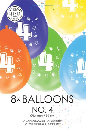 Gekleurde Ballonnen 4 Jaar 30cm 8st