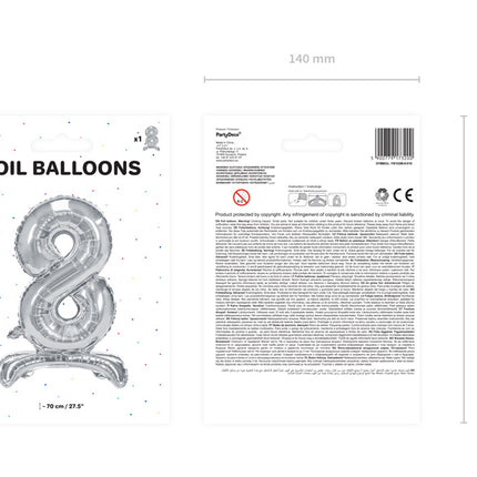 Folie Ballon Cijfer 8 Zilver Standaard Leeg 70cm