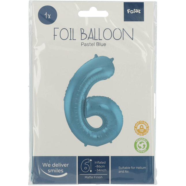 Folie Ballon Cijfer 6 Pastel Blauw XL 86cm leeg