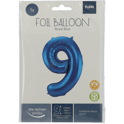 Folie Ballon Cijfer 9 Blauw Metallic XL 86cm leeg