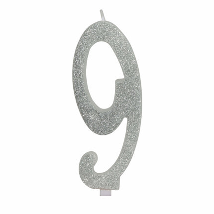 Zilveren Kaars 9 Jaar Glitter 12,5cm