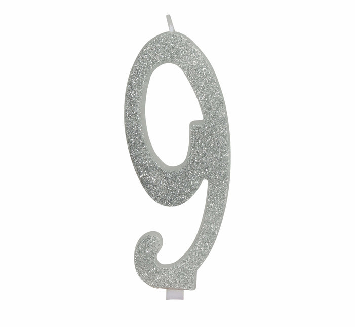 Zilveren Kaars 9 Jaar Glitter 12,5cm