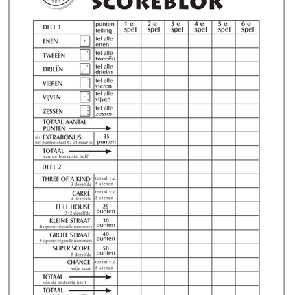 Yahtzee Scoreblok 21cm 50 pagina's