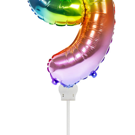 Folie Ballon Cijfer 9 Regenboog 36cm met Stokje