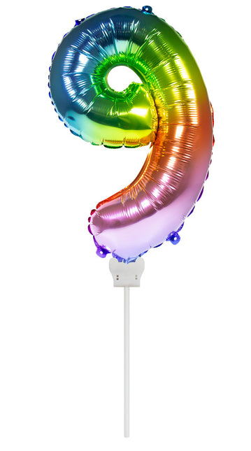 Folie Ballon Cijfer 9 Regenboog 36cm met Stokje