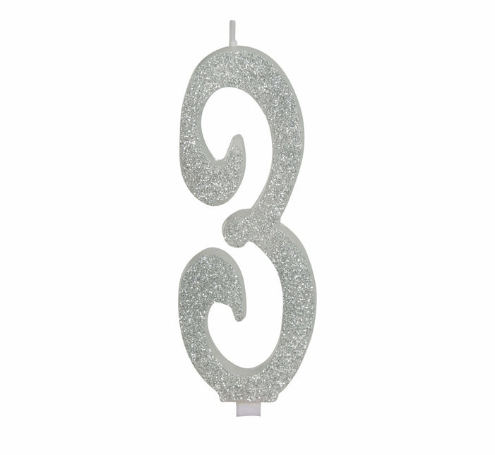 Zilveren Kaars 3 Jaar Glitter 12,5cm