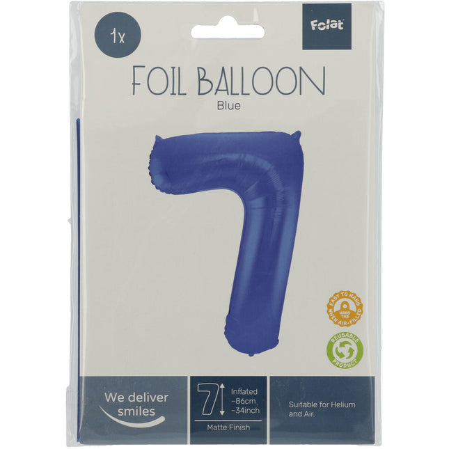 Folie Ballon Cijfer 7 Mat Blauw XL 86cm leeg