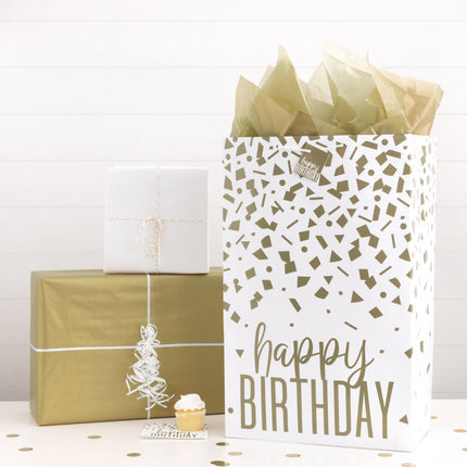 Cadeautasje Happy Birthday Goud Confetti