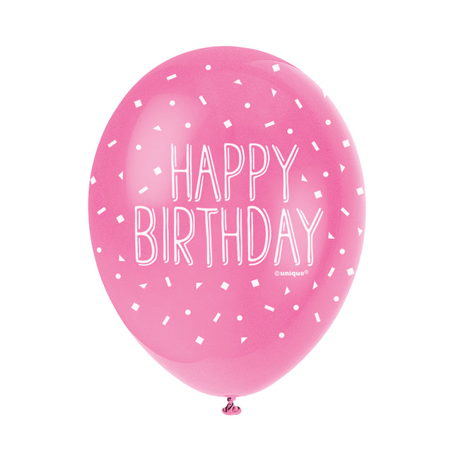 Ballonnen Happy Birthday Confetti Roze 30cm 5st