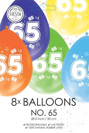 Gekleurde Ballonnen 65 Jaar 30cm 8st