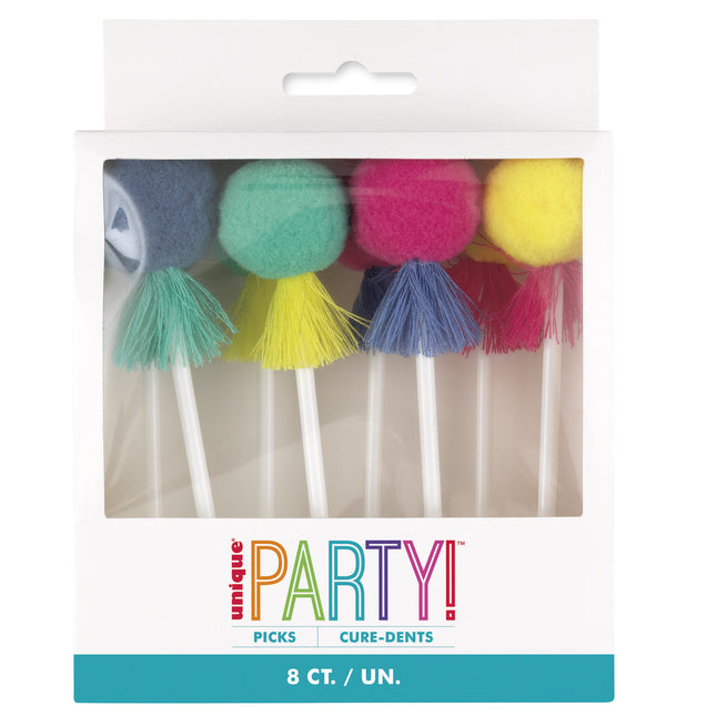 Gekleurde Cupcake Toppers Pom Pom & Kwastjes 8st