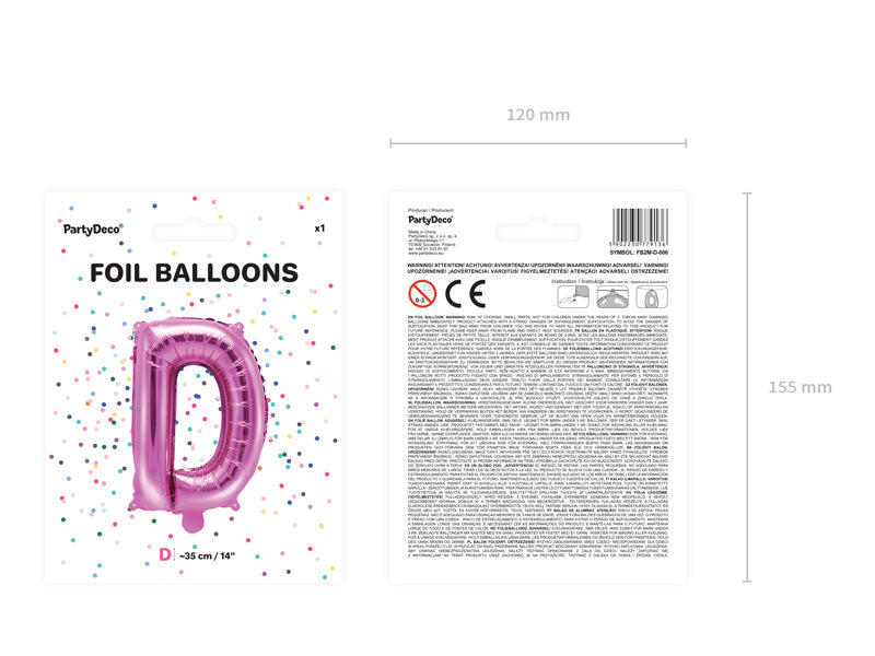 Folie Ballon Letter D Roze Leeg 35cm