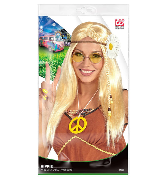 Hippie 60S Pruik Blond Met Madelief Haarband