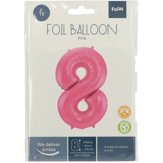 Folie Ballon Cijfer 8 Mat Roze XL 86cm leeg