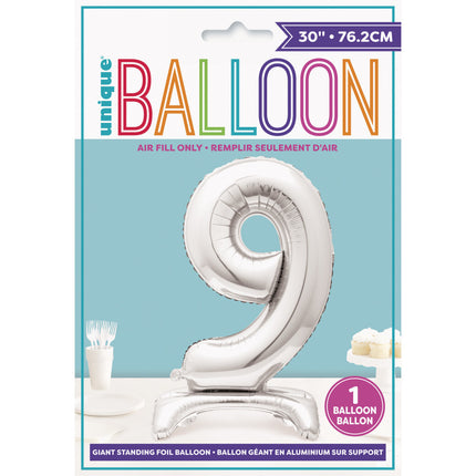 Folie Ballon Cijfer 9 Zilver Standaard 76cm