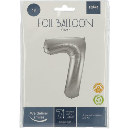 Folie Ballon Cijfer 7 Zilver Metallic XL 86cm leeg