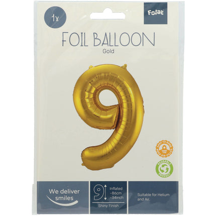 Folie Ballon Cijfer 9 Goud Metallic XL 86cm leeg