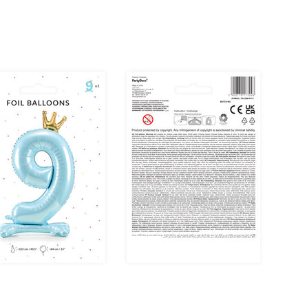 Folie Ballon Cijfer 9 Lichtblauw Standaard Leeg 84cm