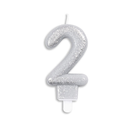 Kaars 2 Jaar Zilver Glitter 7cm