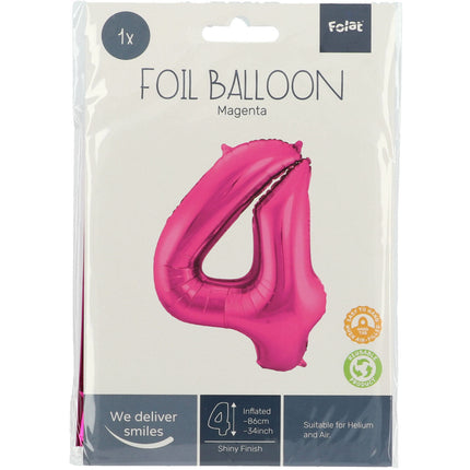 Folie Ballon Cijfer 4 Fuchsia Metallic XL 86cm leeg