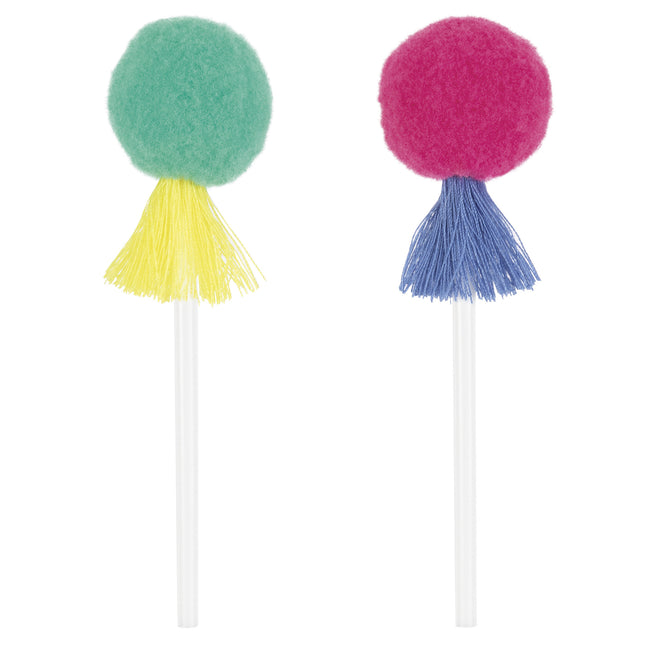 Gekleurde Cupcake Toppers Pom Pom & Kwastjes 8st