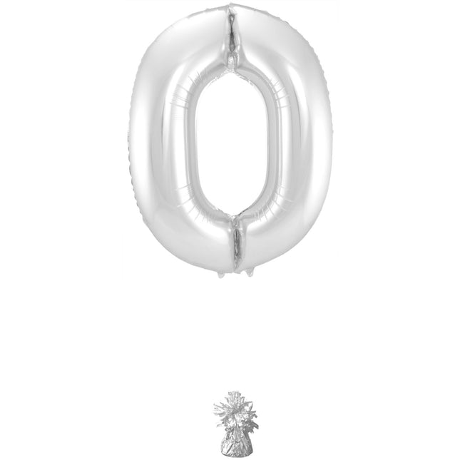 Folie Ballon Cijfer 0 Zilver Metallic XL 86cm leeg