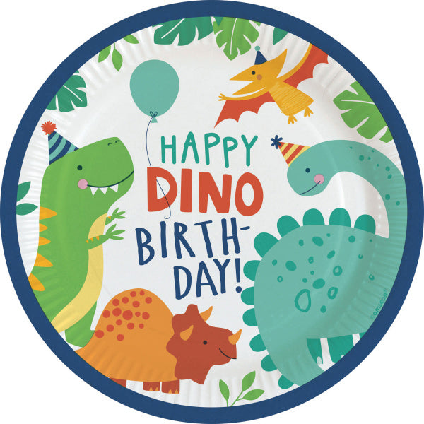 Gekleurde Dino Borden Happy Birthday 23cm 8st