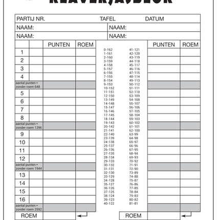 Klaverjas Scoreblok 21cm 50 pagina's