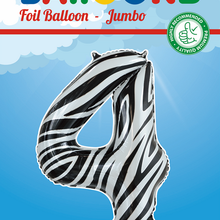 Folie Ballon Cijfer 4 Zebra XL 86cm leeg